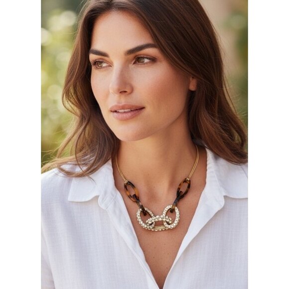 J.Crew Tortoiseshell Resin & AB Rhinestone Link Statement Necklace Gold Tone - Picture 1 of 6